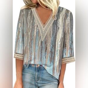 Elegant Blous V-Neck Top - Silver and Blue Plus Size 2X
